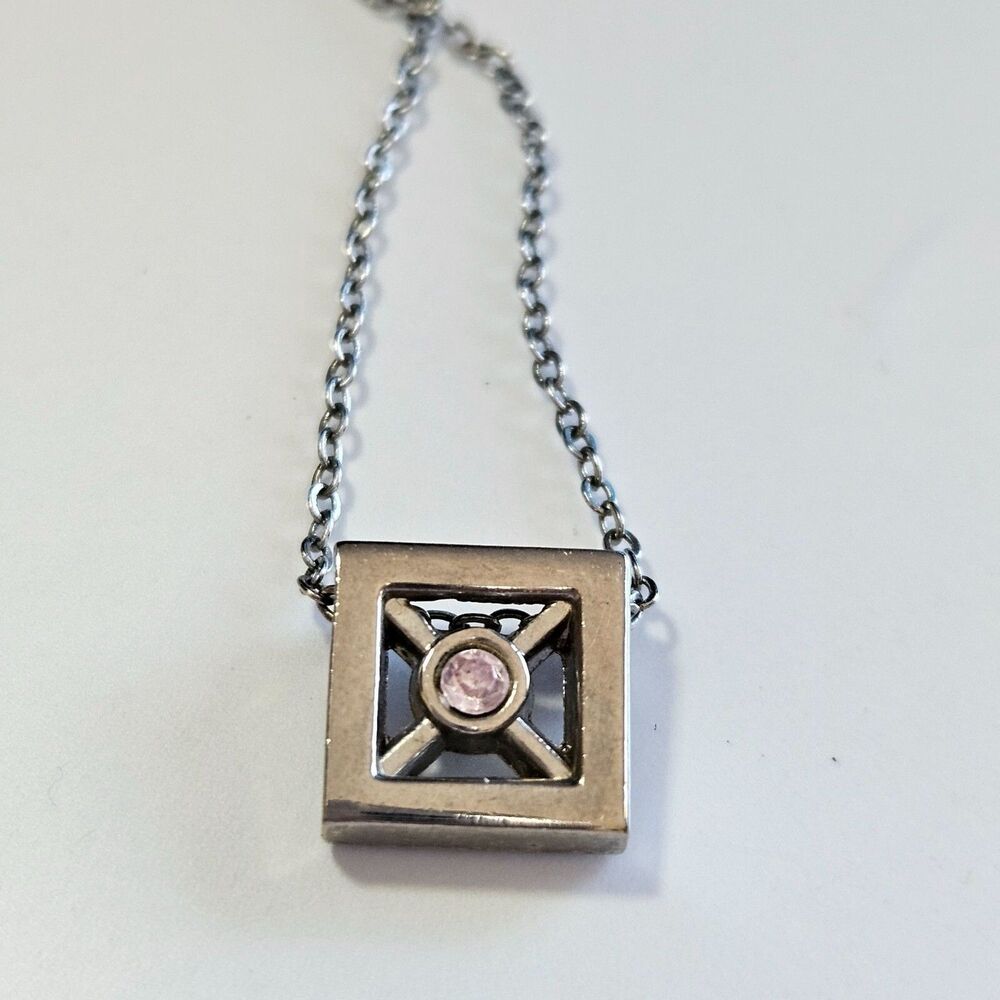 Silver Tone Square Pendant Necklace 18" Pink Rhinestone